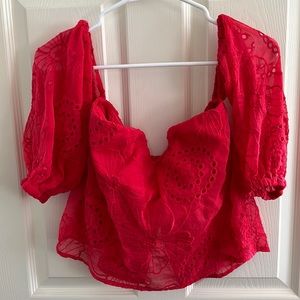 Guess Red Floral Lace Off The Shoulder Top in Red